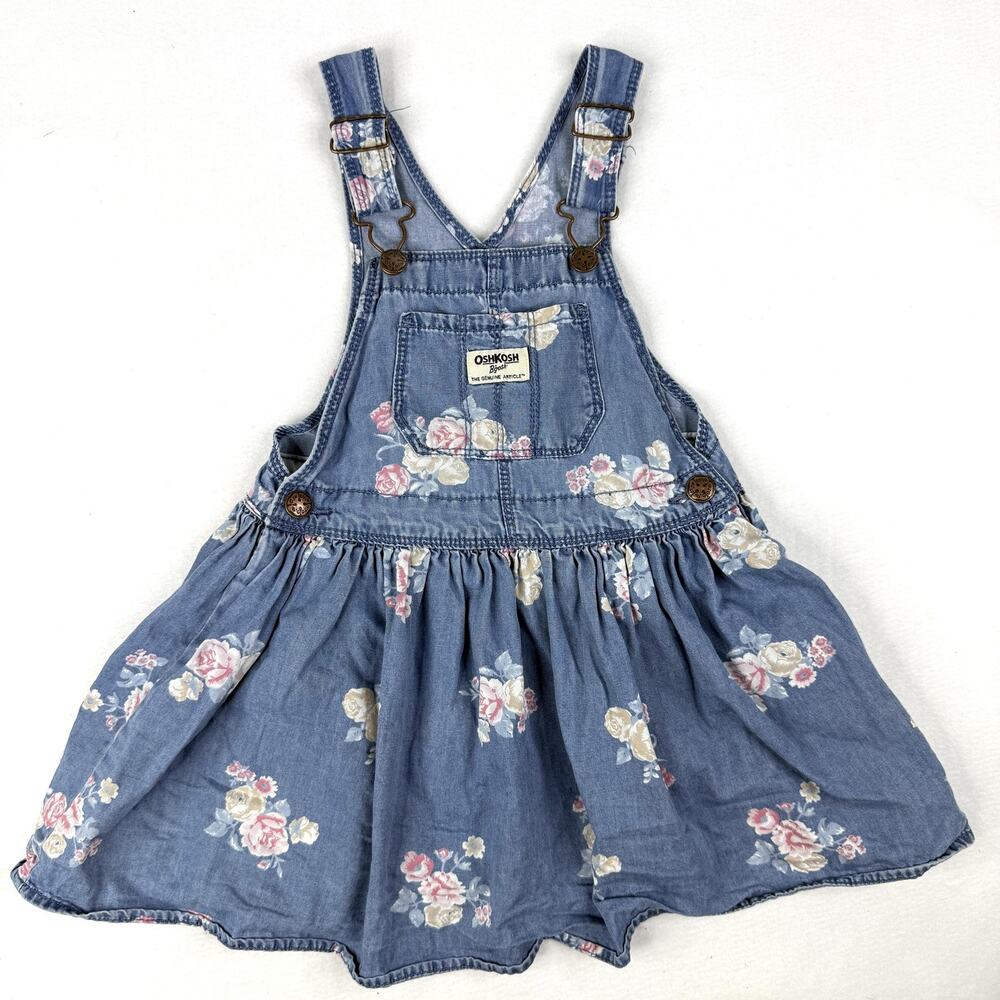 OshKosh B'gosh Overall Dress Vintage Floral Girls 4T Vestbak Blue Denim Jumper